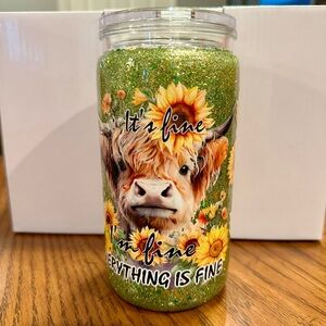 Glittery Green Highland Cow Tumbler with Sunflowers
